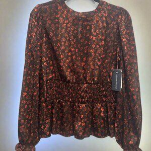 MELROSE AND MARKET Long Sleeve Chiffon Peplum Top in Rust Hills Shadow Petal